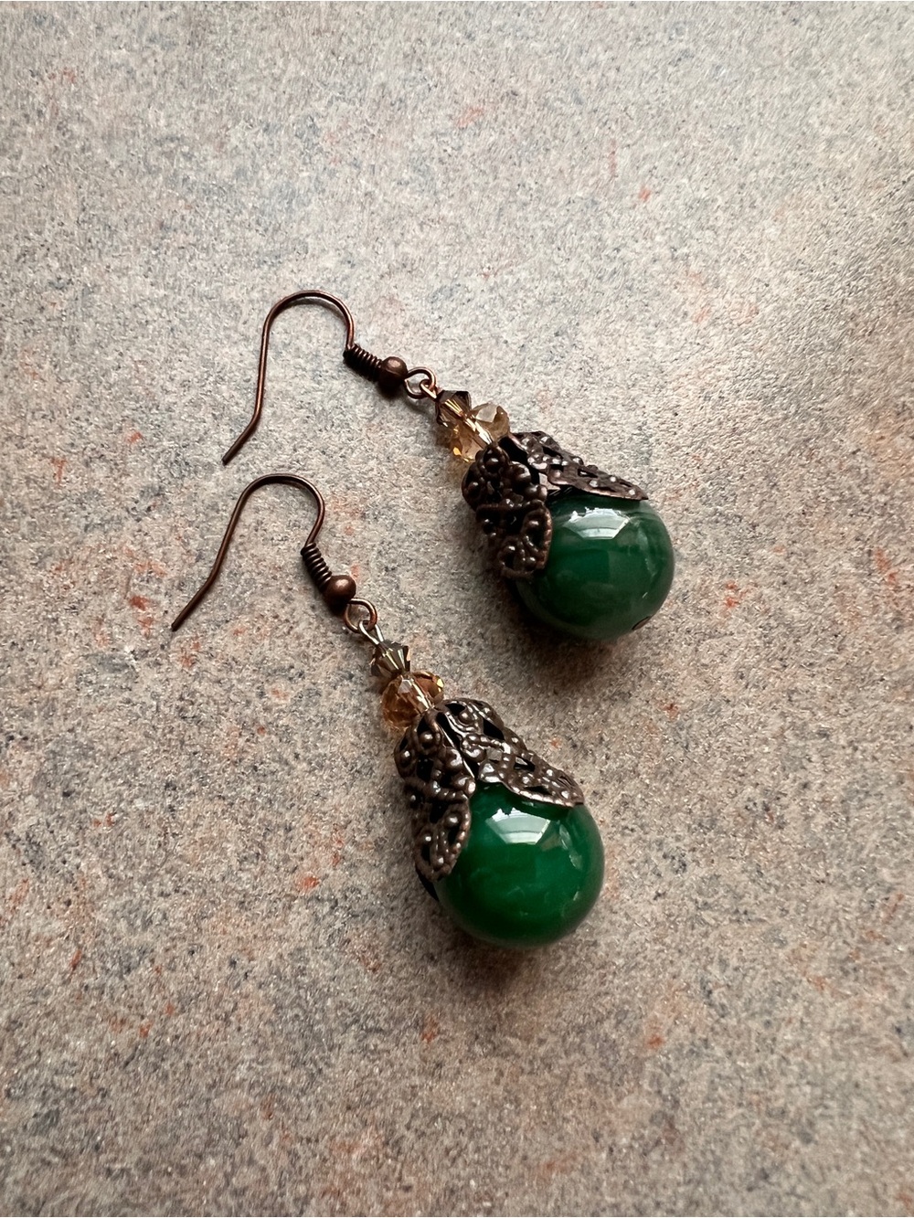 Green Agate Earrings with Antique Copper Accents Artisan Made - Lori Bee Designs
